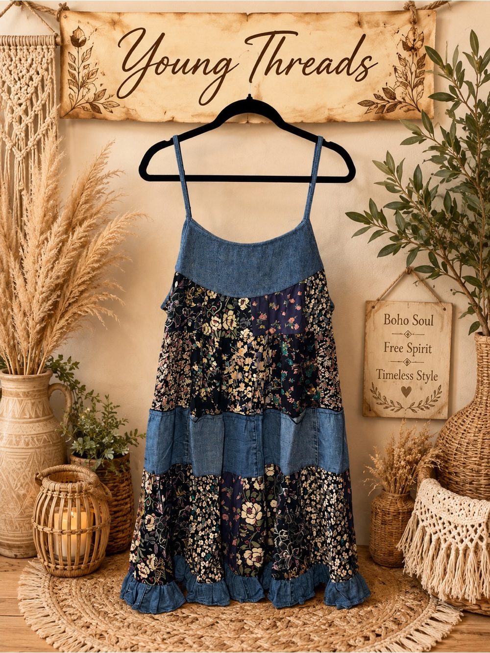 Young Threads Navy Floral Denim-Trim Tiered Mini Dress